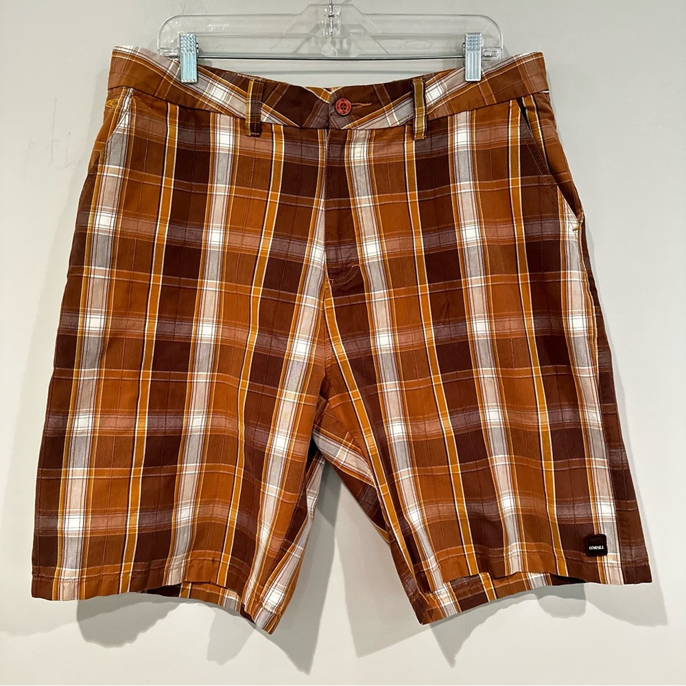 O'Neill Plaid Cotton Blend Chino Shorts Men's Brown White Skater Surf Vintage